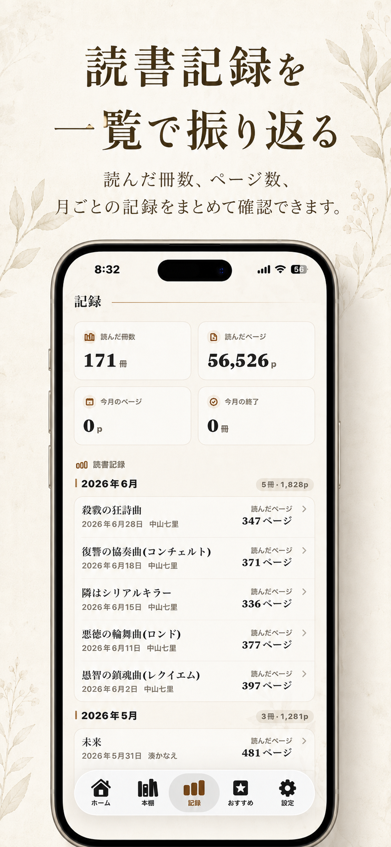 ホンヨムの記録画面。読んだ冊数、読んだページ、月ごとの読書記録が並ぶ
