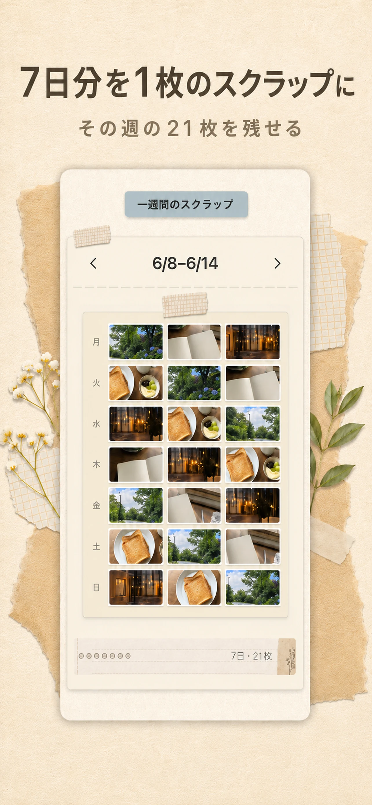 三枚日記で7日分の写真を1枚のスクラップにまとめる画面