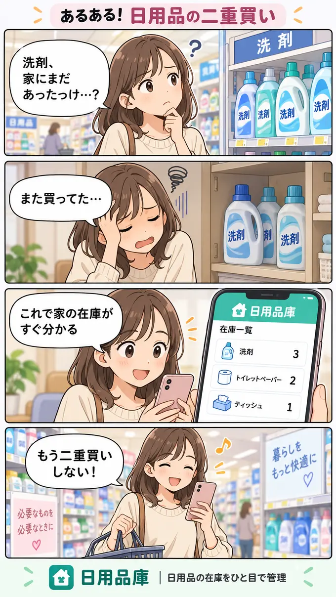 日用品を二重買いしてしまう場面を描いた日用品庫の漫画