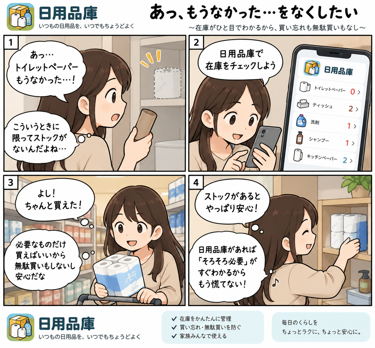 トイレットペーパーの在庫切れをきっかけに日用品庫で確認する漫画