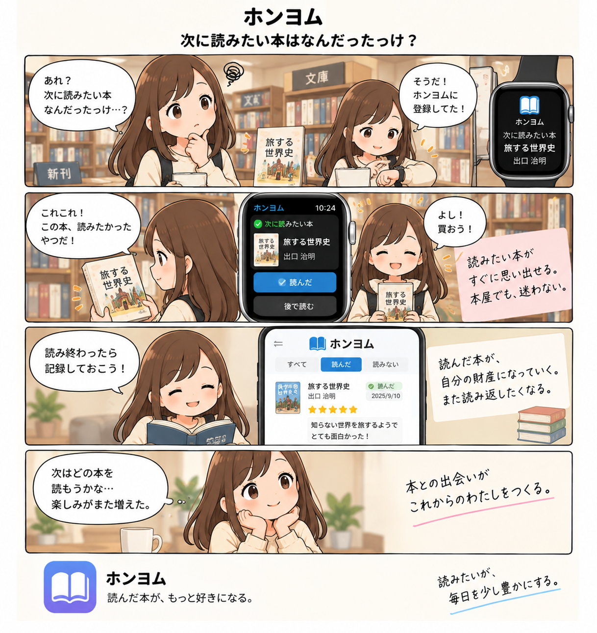 本屋で「次に読みたかった本」を思い出せず、Apple Watchの「読みたい」一覧で確認する4コマ漫画