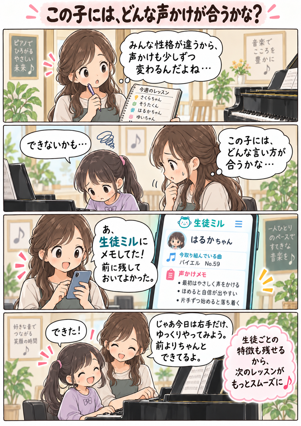 ピアノの先生が、前回どこまで進んだかを生徒ミルで確認し、前回の曲や宿題、つまずいた点を見返してレッスンを続ける漫画