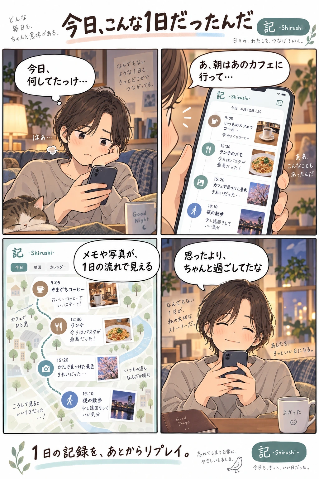 一日の終わりに記のリプレイでその日を振り返る漫画