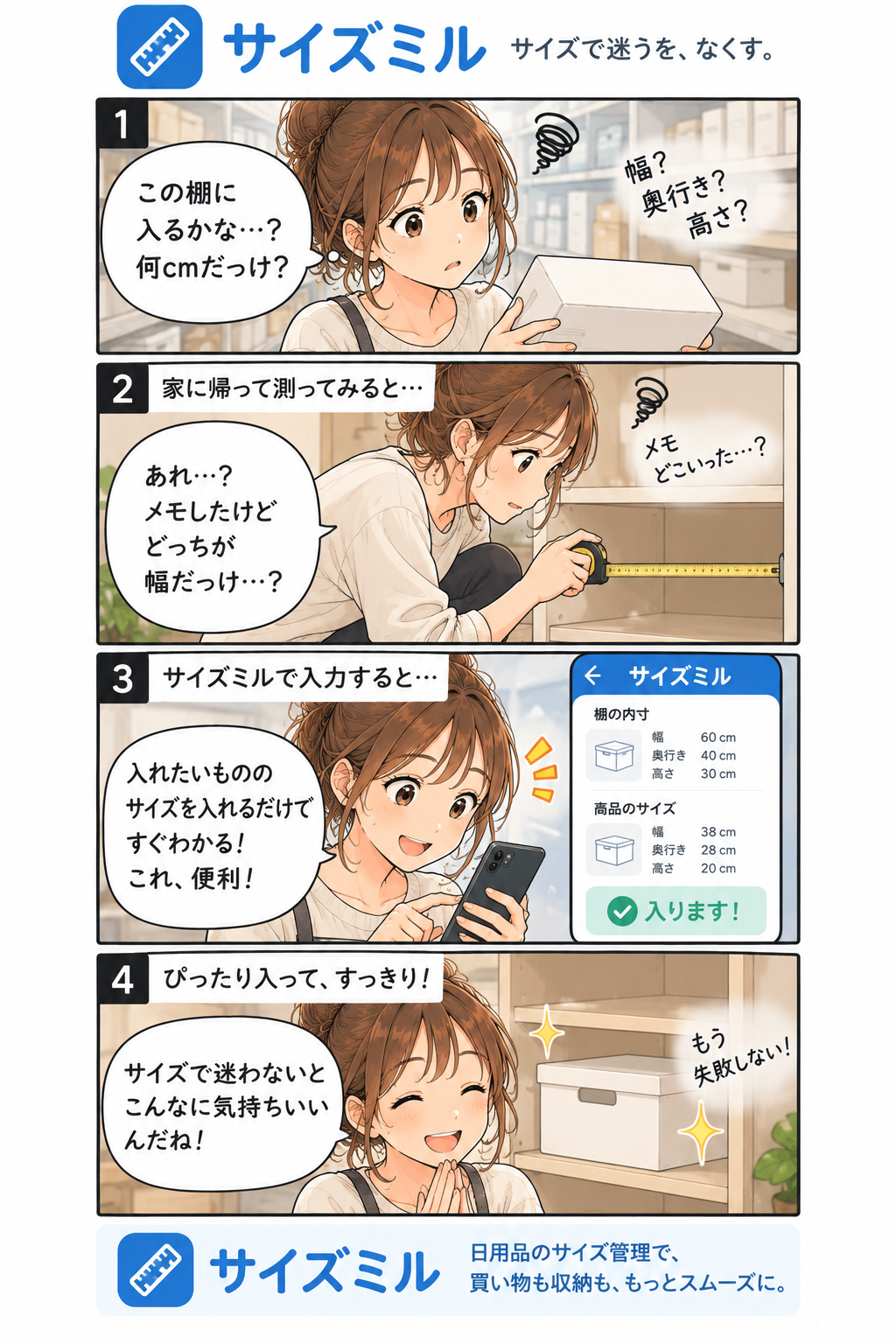 収納用品のサイズをサイズミルで確認する漫画
