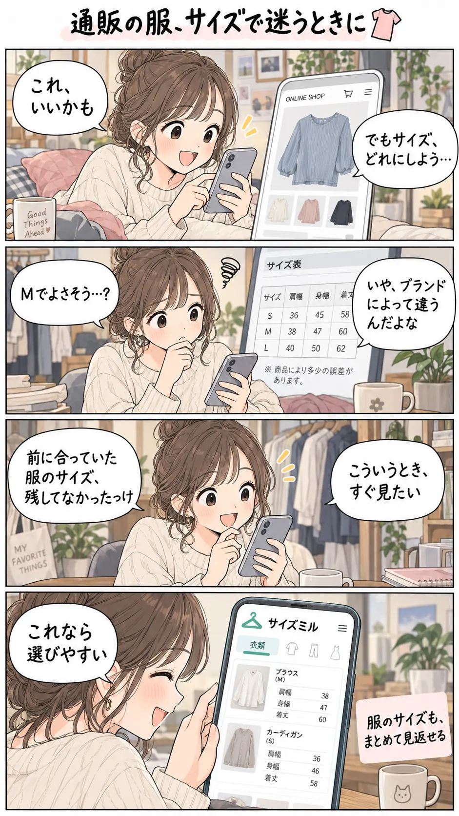通販で服のサイズに迷い、前に合っていた服の寸法をサイズミルで見返す漫画