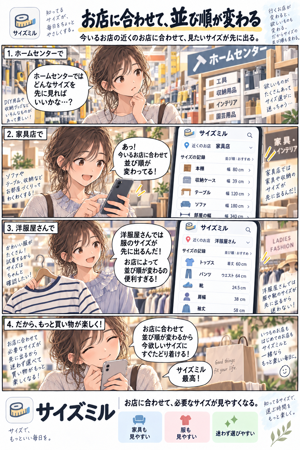 お店に合わせてサイズ記録の並び順が変わるサイズミルの漫画