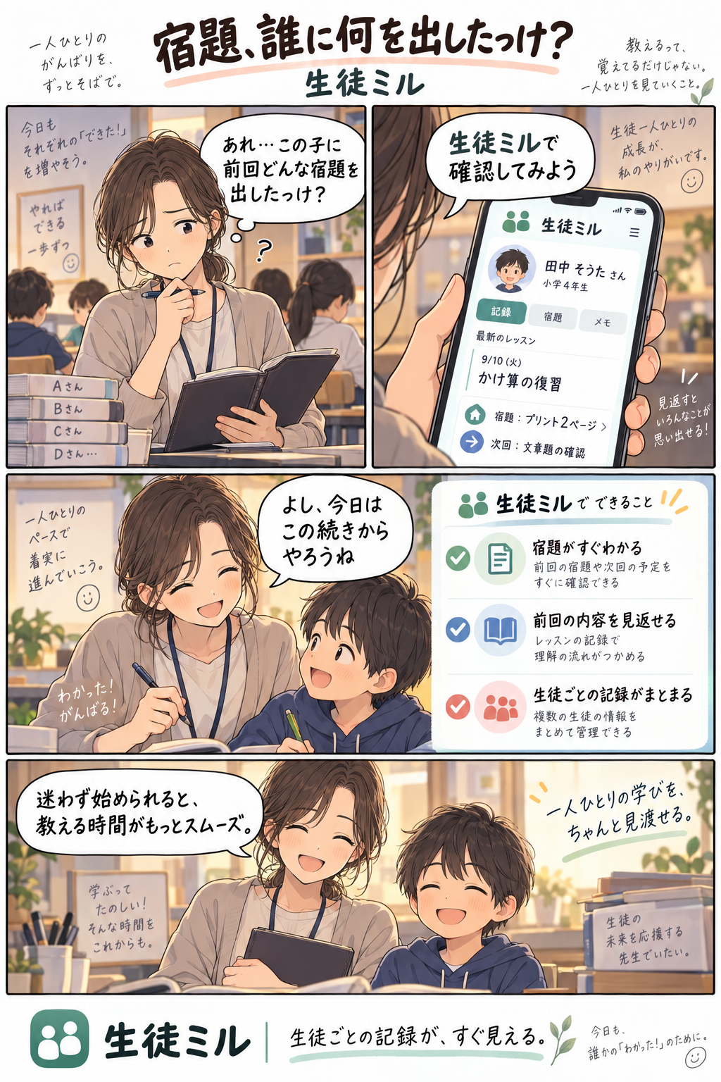 前回の宿題を思い出せない先生が、生徒ミルで生徒ごとの記録を確認する漫画