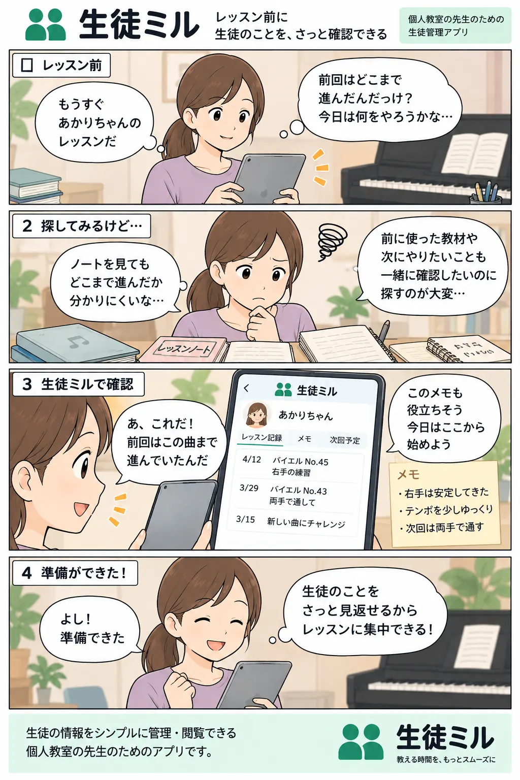 レッスン前に前回の記録やメモを生徒ミルで確認し、その日の準備につなげる先生の漫画